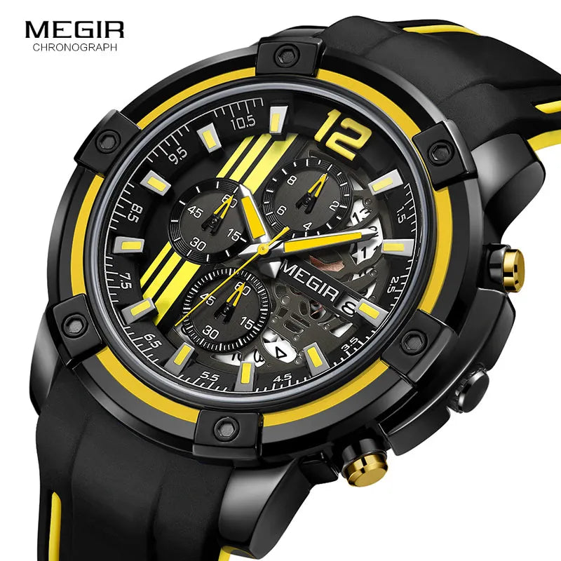 Original MEGIR Men's Black Silicone Strap Quartz Chronograph Sports Wristwatch - Man Gifts Shop