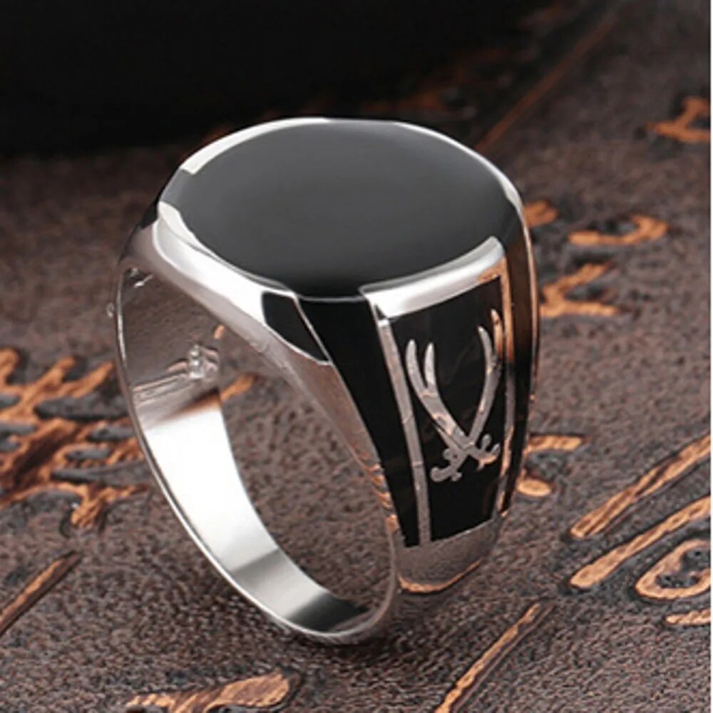 MGS 100% Solid Real S925 Pure Silver Men Ring Black High Quality Crystal Glue - Man Gifts Shop