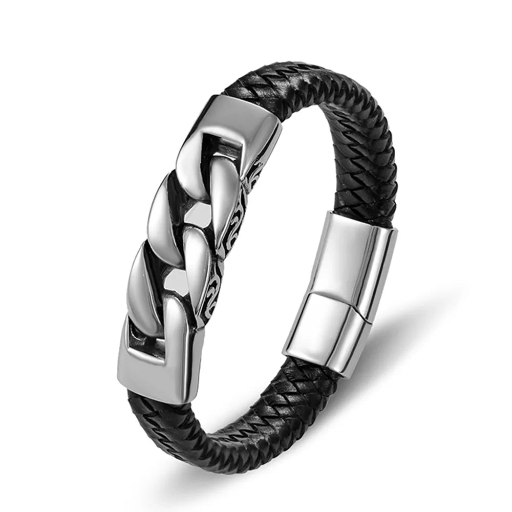 MGS Stainless Steel Charm Genuine Black Leather Men's Bracelet - Man Gifts Shop