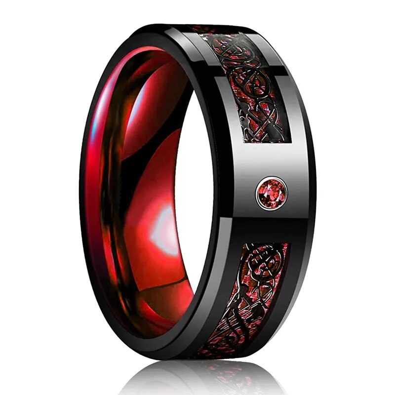 Stylish 8mm Stainless Steel Celtic Dragon Ring for Men - Featuring Red Groove, Zircon Inlay, Carbon Fiber, and Beveled Edge - Man Gifts Shop