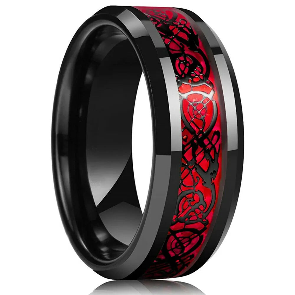 Stylish 8mm Stainless Steel Celtic Dragon Ring for Men - Featuring Red Groove, Zircon Inlay, Carbon Fiber, and Beveled Edge - Man Gifts Shop