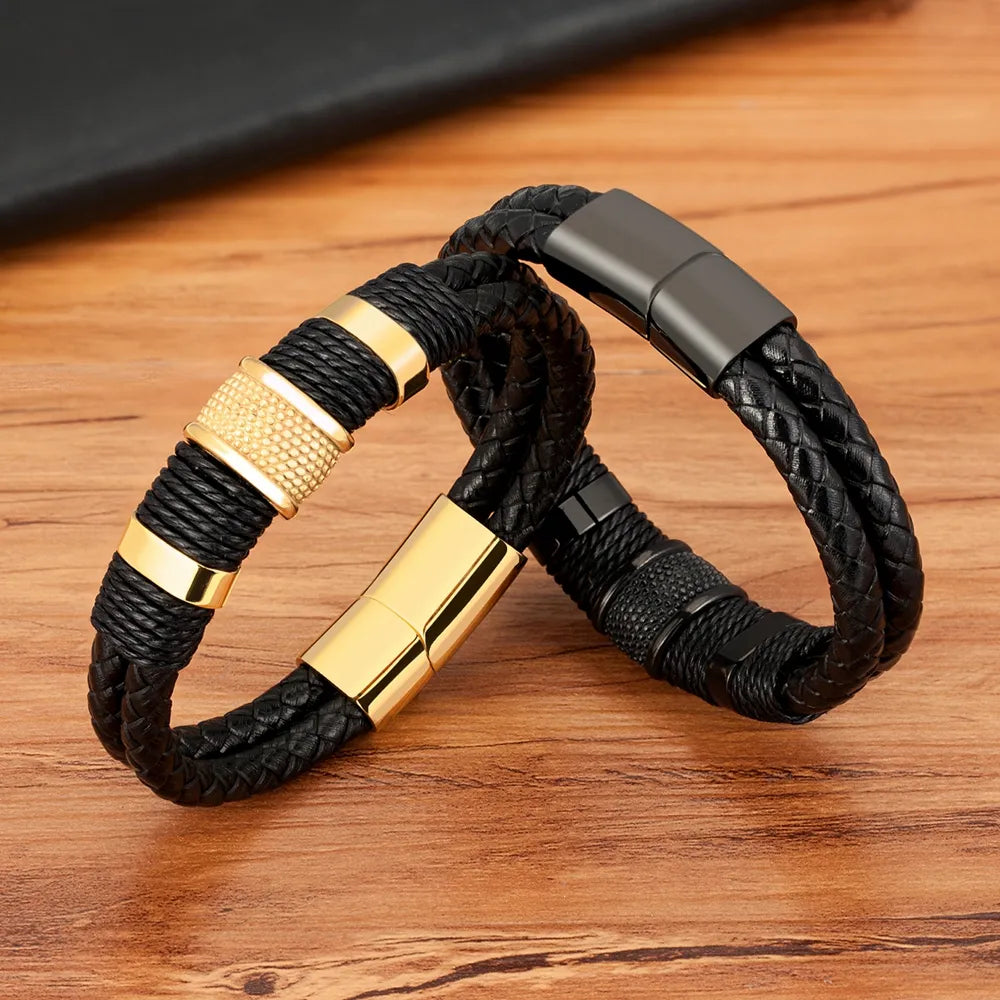 MGS Woven Leather Rope Wrap Special Style Classic Stainless Steel Men's Bracelet Double-layer - Man Gifts Shop