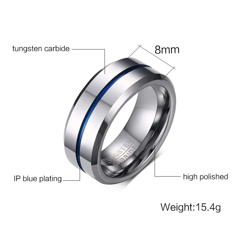 Men's Wedding Band Tungsten Rings Groove Ring Carbide Blue Line 8mm Size 7-13 - Man Gifts Shop