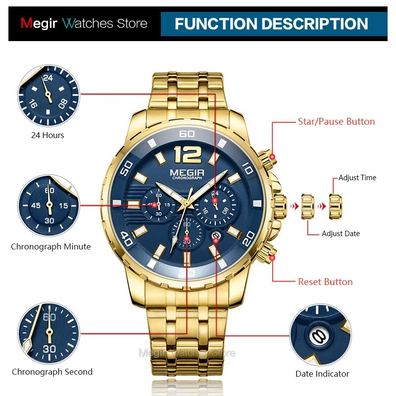 Original MEGIR Men's Stainless Steel Quartz Watch - Man Gifts Shop