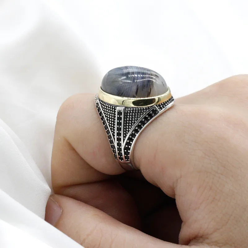 Unleash the Power of Gemstones: Men's Sterling Silver Ring with Big Natural Agate Stone - Man Gifts Shop