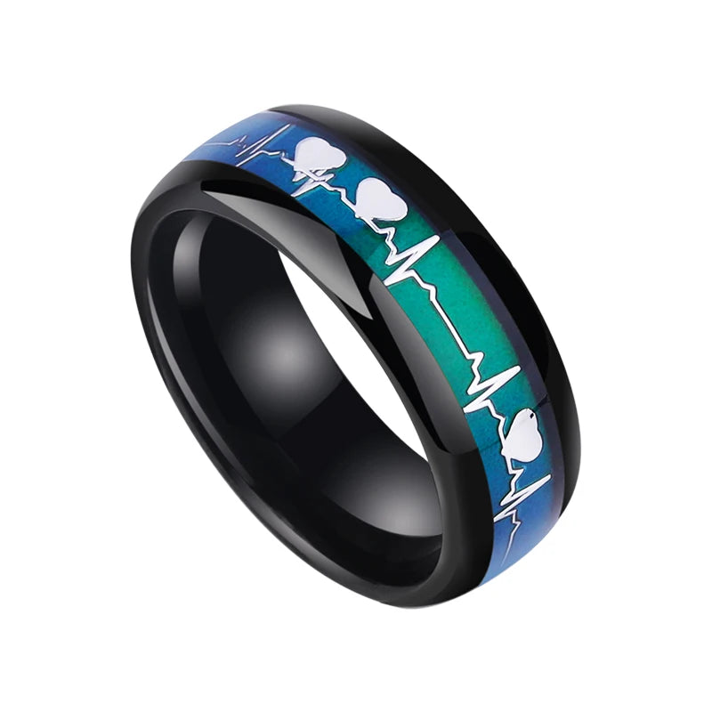 Heartbeat of Style: 8mm Black Tungsten Carbide Ring with Temperature-sensitive Color and Heart Beating Pattern