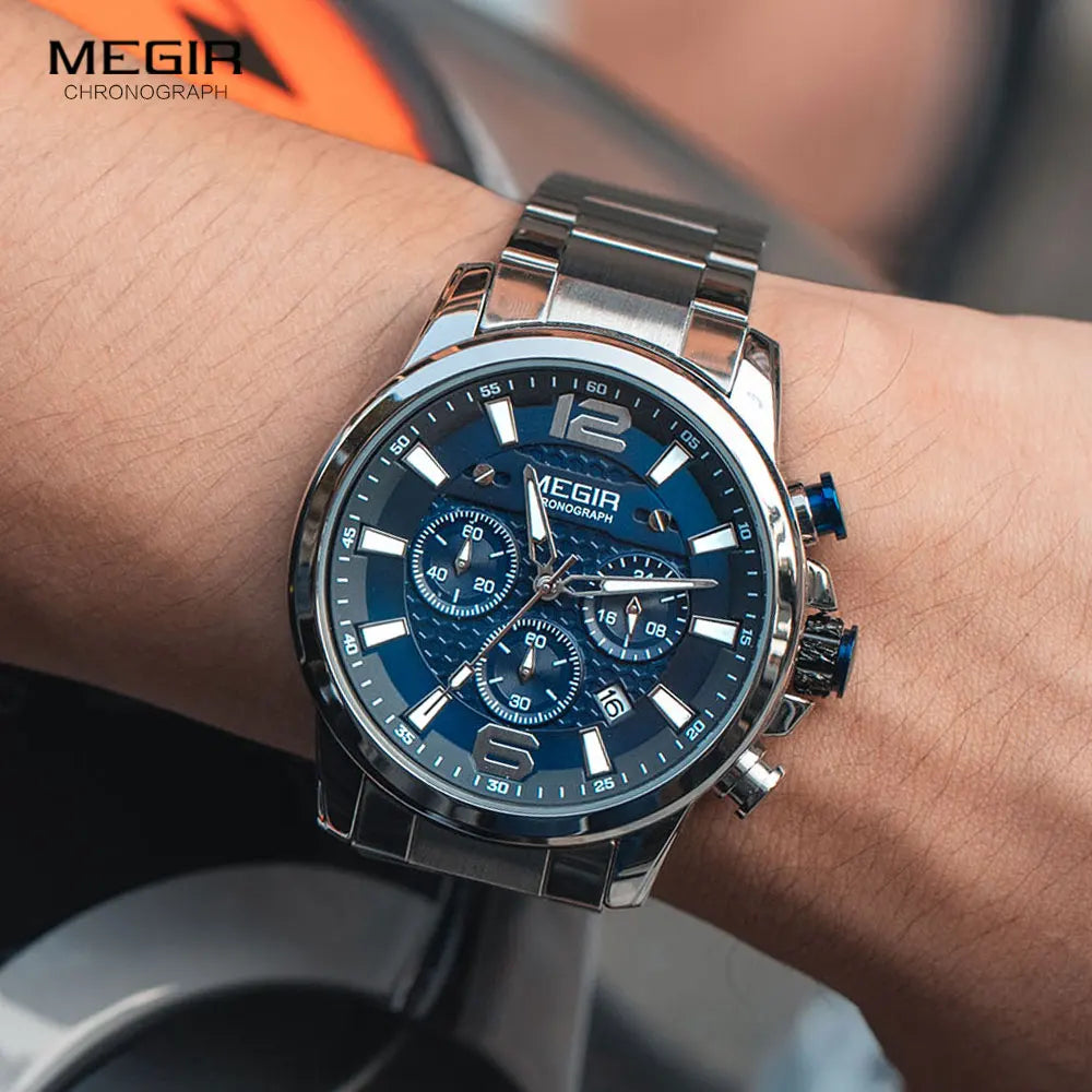 Original MEGIR 2020 Luxury Watch Stainless Steel Waterproof Luminous Blue Sports Chronograph Quartz - Man Gifts Shop