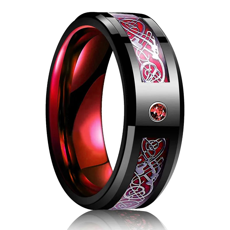 Stylish 8mm Stainless Steel Celtic Dragon Ring for Men - Featuring Red Groove, Zircon Inlay, Carbon Fiber, and Beveled Edge - Man Gifts Shop