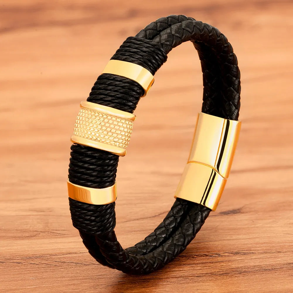 MGS Woven Leather Rope Wrap Special Style Classic Stainless Steel Men's Bracelet Double-layer - Man Gifts Shop