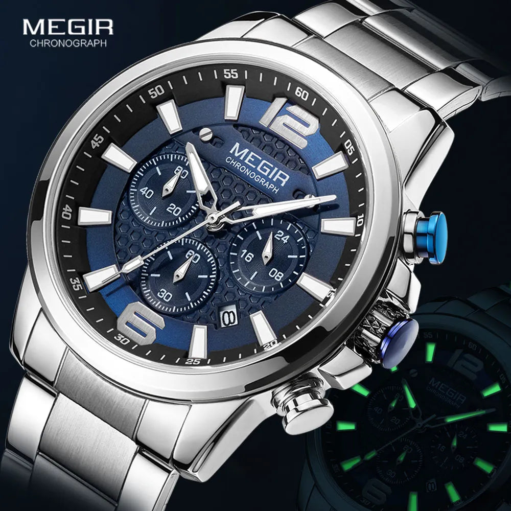 Original MEGIR 2020 Luxury Watch Stainless Steel Waterproof Luminous Blue Sports Chronograph Quartz - Man Gifts Shop