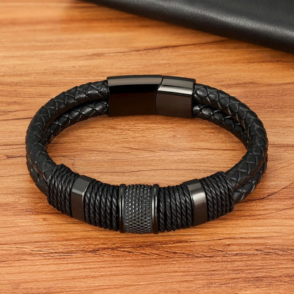 MGS Woven Leather Rope Wrap Special Style Classic Stainless Steel Men's Bracelet Double-layer - Man Gifts Shop