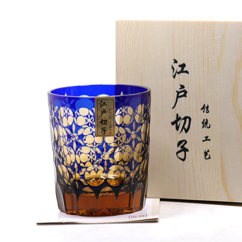 Japanese Style Edo Kiriko Drinkware Hand Cut To Clear Whiskey Glass (8.45oz) Tumble With Gift Box