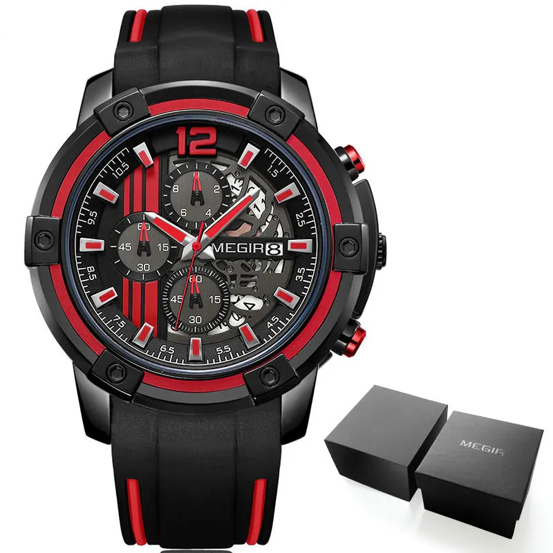 Original MEGIR Men's Black Silicone Strap Quartz Chronograph Sports Wristwatch - Man Gifts Shop