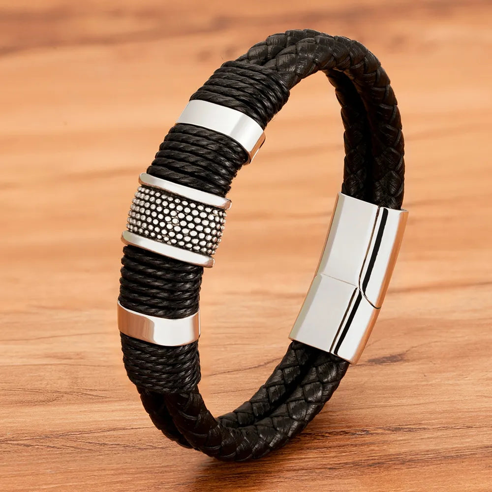 MGS Woven Leather Rope Wrap Special Style Classic Stainless Steel Men's Bracelet Double-layer - Man Gifts Shop