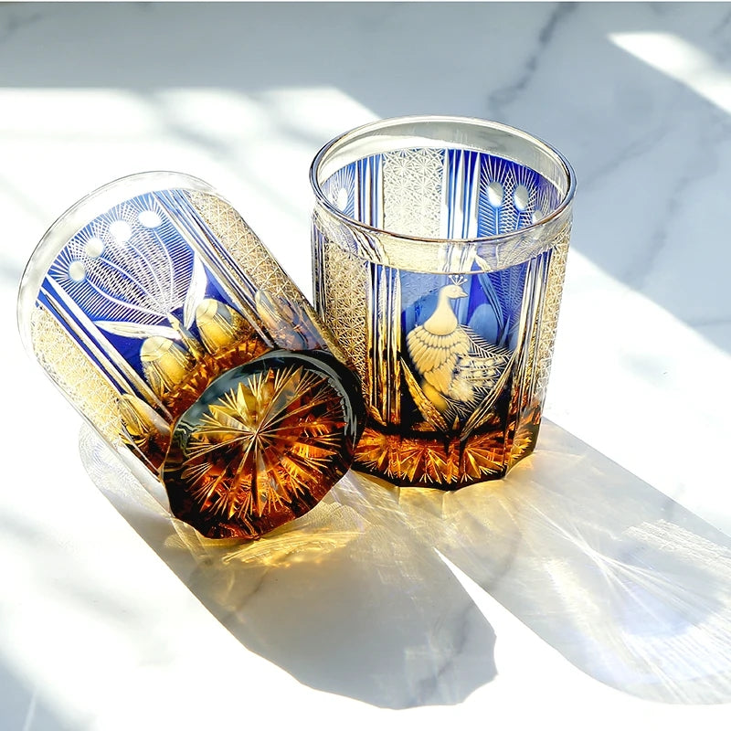 Japanese Style Luxury Edo Kiriko Krystal Whisky Handmade Engraving Peacock Whiskey Glass