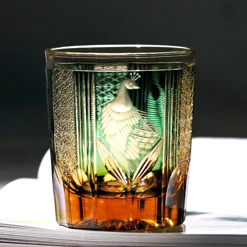 Japanese Style Luxury Edo Kiriko Krystal Whisky Handmade Engraving Peacock Whiskey Glass