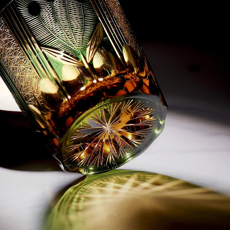 Japanese Style Luxury Edo Kiriko Krystal Whisky Handmade Engraving Peacock Whiskey Glass