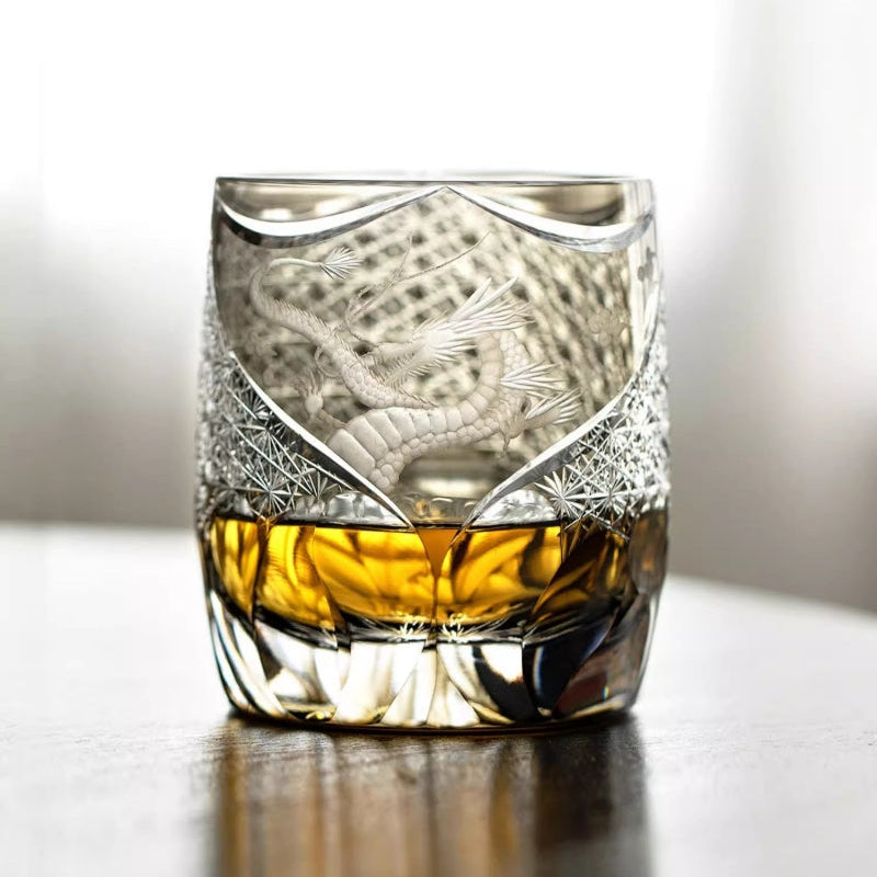 Dragon Crystal Whiskey Glass – Hand-Carved Edo Kiriko Amber Brandy Snifter for Men | Gift Boxed Prestige