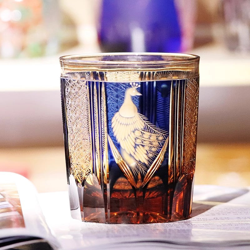 Japanese Style Luxury Edo Kiriko Krystal Whisky Handmade Engraving Peacock Whiskey Glass