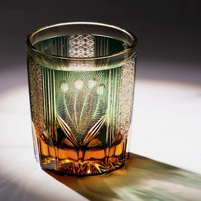 Japanese Style Luxury Edo Kiriko Krystal Whisky Handmade Engraving Peacock Whiskey Glass