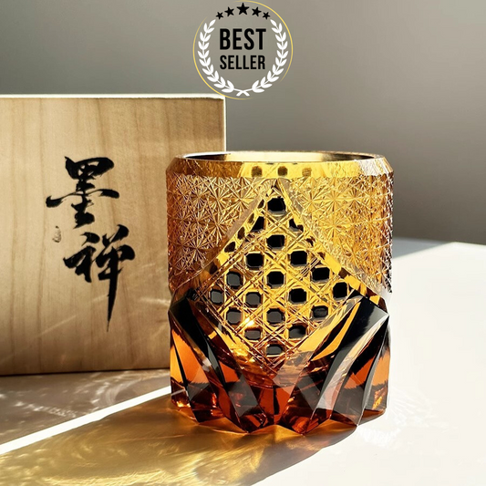 High-end Hand Cut Japanese Black Warrior Armor Edo Kiriko Whisky Rock Amber Crystal Glass