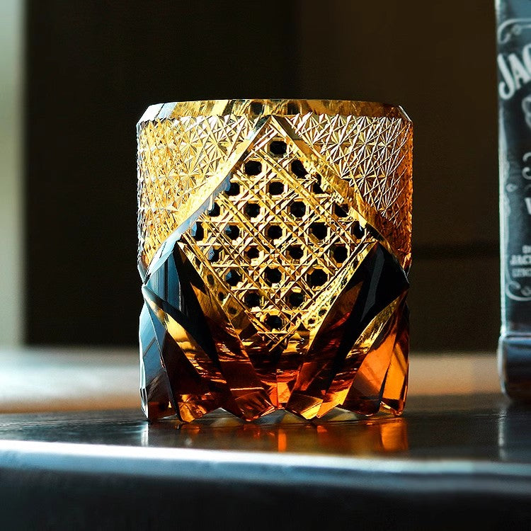 High-end Hand Cut Japanese Black Warrior Armor Edo Kiriko Whisky Rock Amber Crystal Glass - Man Gifts Shop