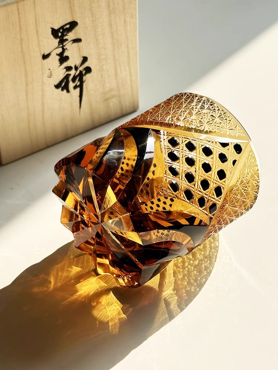 High-end Hand Cut Japanese Black Warrior Armor Edo Kiriko Whisky Rock Amber Crystal Glass - Man Gifts Shop