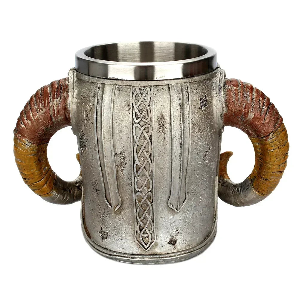 MGS Viking Skull Mug 304 Stainless Steel Ram's Horn Lord Warrior Skull Beer Mug