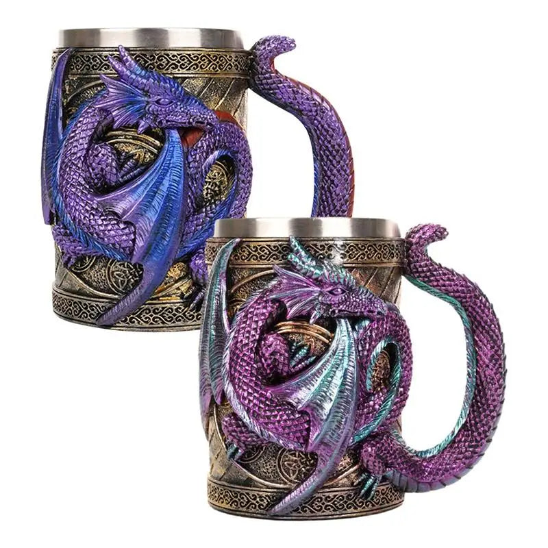 MGS Medieval Double Dragon Goblet Creative 3D Beer Mug Resin Stainless Steel