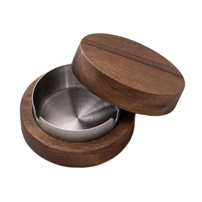 Walnut Wood Desktop Ashtray – Stainless Steel Windproof Design for Stylish Office and Home Decor - Man Gifts Shop