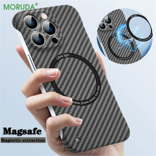 Ultra Thin Carbon Fiber Magnetic Case for iPhone 16 15 ProMax 14 Plus 13 12 11 Pro Max Magsafe Wireless Charging Frameless Cover