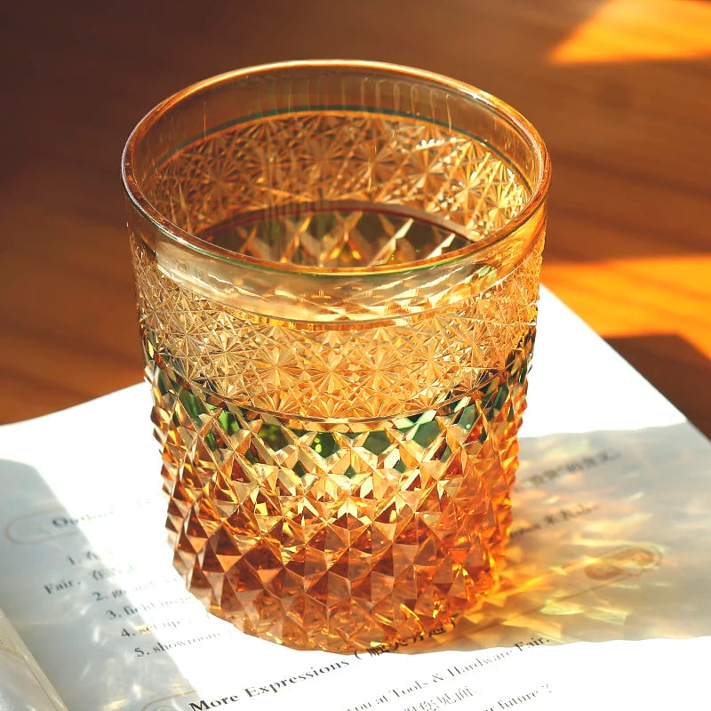 MGS Hand Cut Glass Edo Kiriko Glass Thick Wall  Whisky Drinking Amber Color 8.8oz Glass