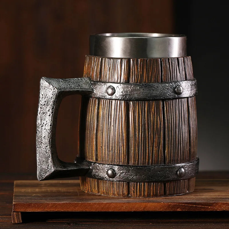 MGS Premium Wooden Barrel Beer Mug: Large-Capacity Stainless Steel Design