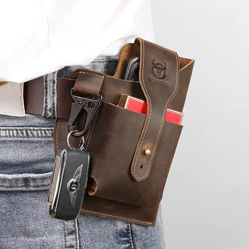 BULLCAPTAIN Riñonera de cuero genuino para hombre, funda para teléfono, bolsa para cinturón para exteriores, para teléfonos inteligentes de 5,5 a 6,8 pulgadas, estuche para cigarrillos, bolsa de viaje 