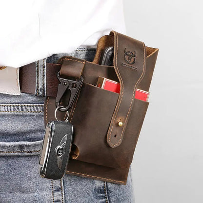 BULLCAPTAIN Riñonera de cuero genuino para hombre, funda para teléfono, bolsa para cinturón para exteriores, para teléfonos inteligentes de 5,5 a 6,8 pulgadas, estuche para cigarrillos, bolsa de viaje 