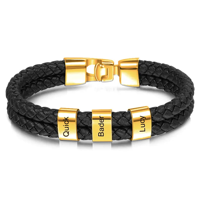 Custom Family Name Bracelet for Men – Engraved Black Leather Stainless Steel Gift