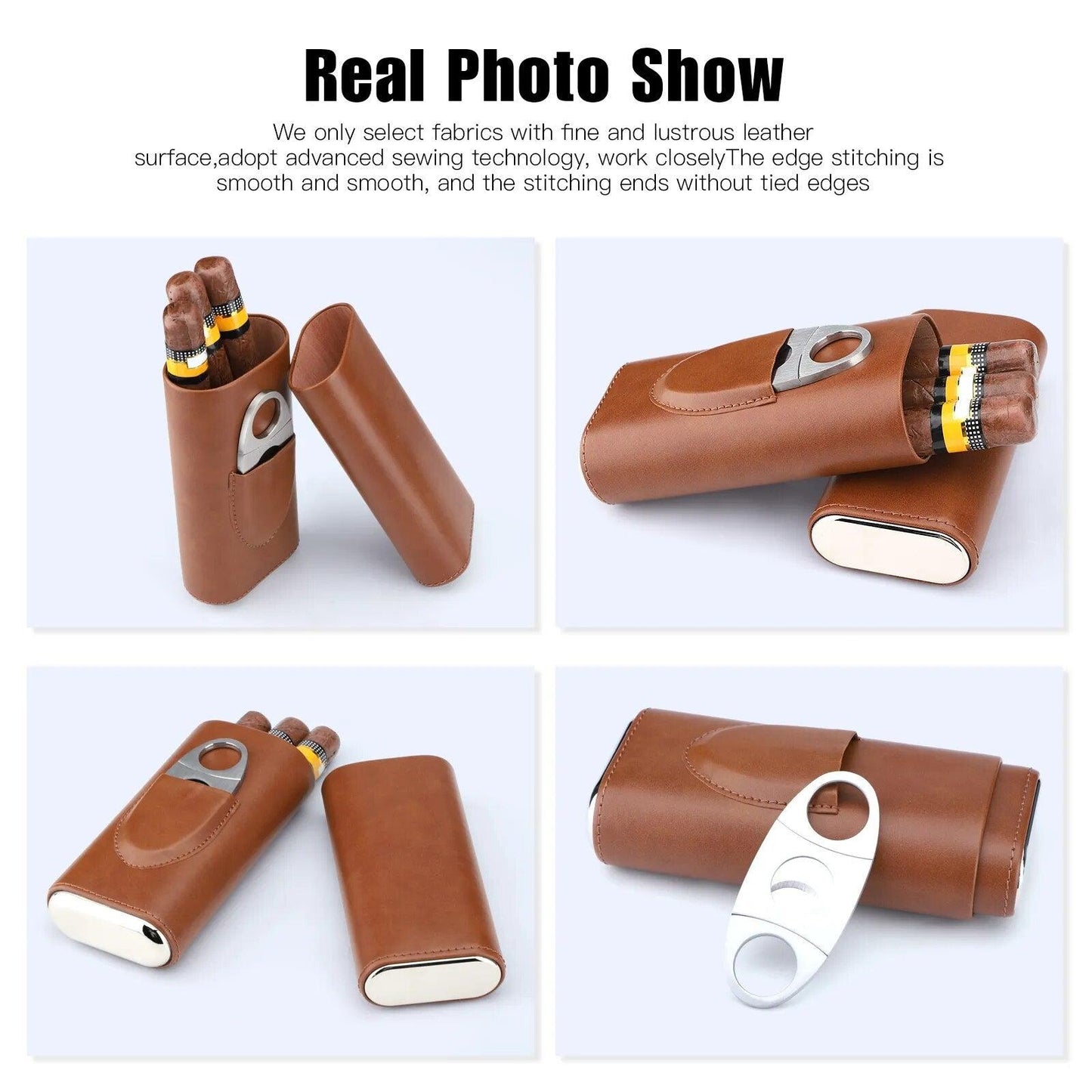 Cowhide Leather Three-Finger Portable Cigar Case with Silver Cigar Cutter - Man Gifts Shop