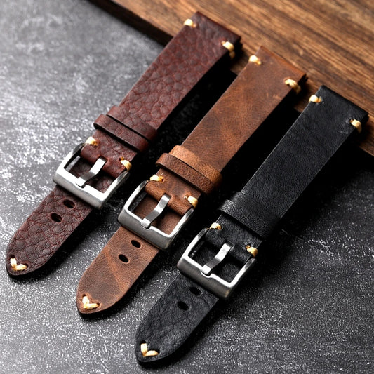 Handmade Genuine Leather Watchband in Vintage Old Brown & Black | Soft Men's Bracelet in 18-22MM | Premium First Layer Cowhide