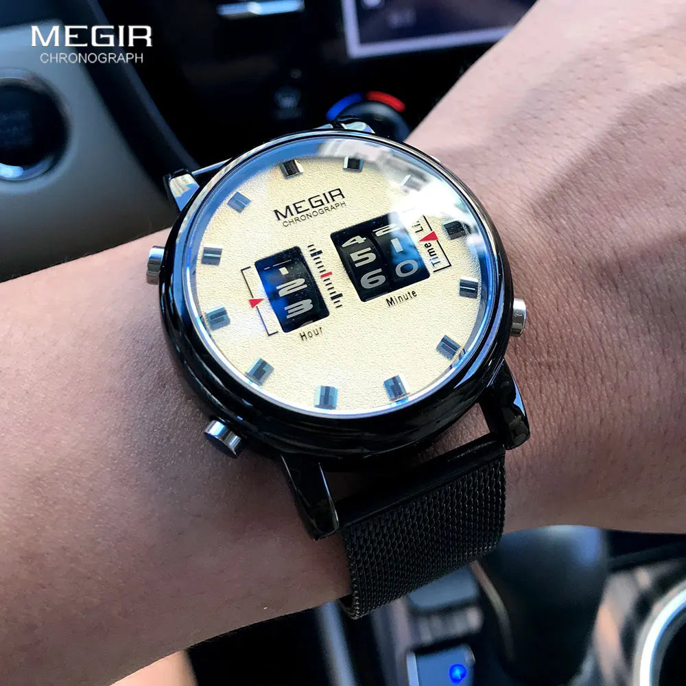 Original MEGIR Luxury Roller Pointer Quartz Stainless Steel Mesh Strap Wristwatch - Man Gifts Shop