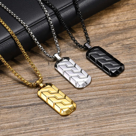 Stainless Steel Tire Pattern Necklace for Men – Sleek Geometric Bar Pendant Collar - Man Gifts Shop