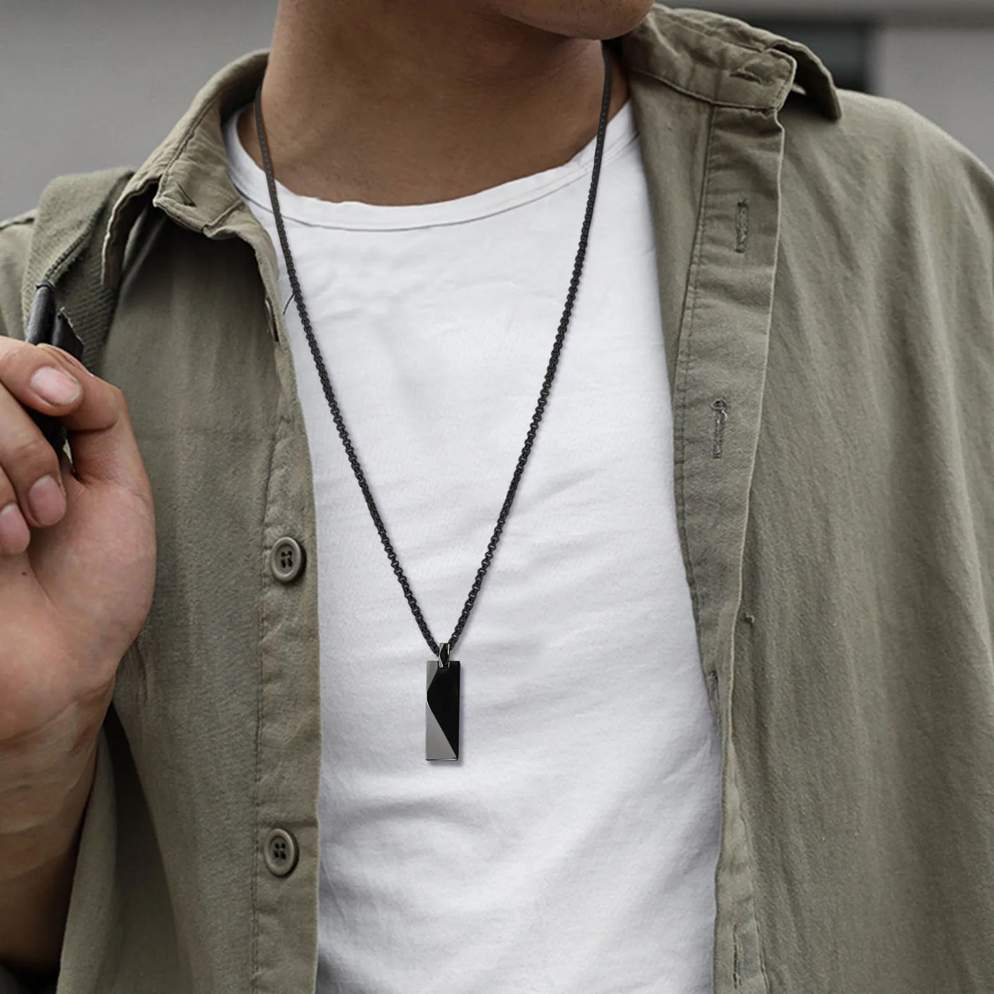 Contemporary Charm: Men's Geometric Rectangle Pendant Necklace in High-Quality Stainless Steel