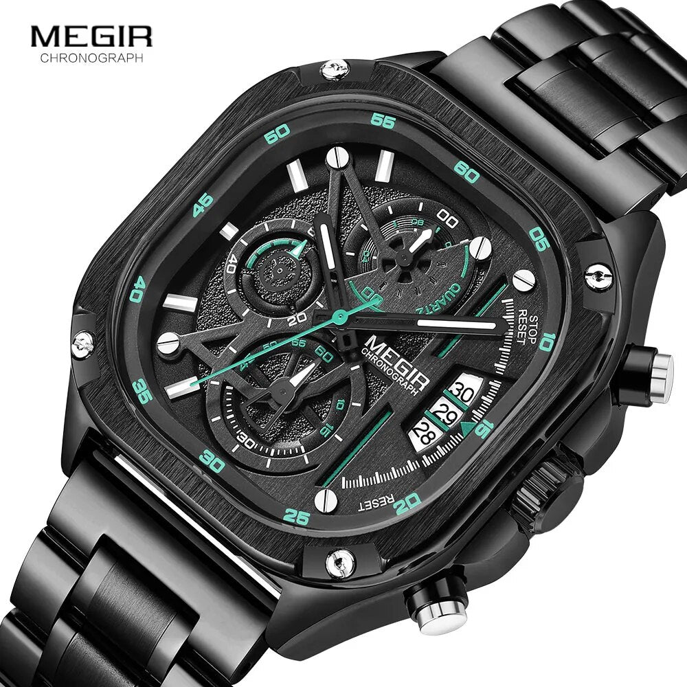 Original MEGIR Black Quartz Men Waterproof Square Dial Wristwatch with Chronograph - Man Gifts Shop