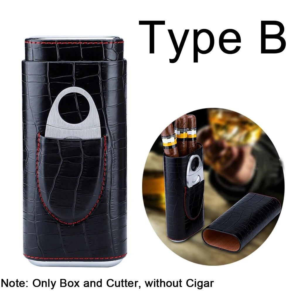 Cowhide Leather Three-Finger Portable Cigar Case with Silver Cigar Cutter - Man Gifts Shop