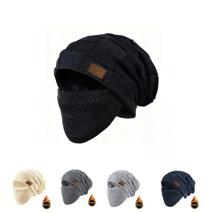 Gorro de invierno unisex de talla grande con cubrebocas, tejido suave, cálido y holgado, con puños para hombres y mujeres.