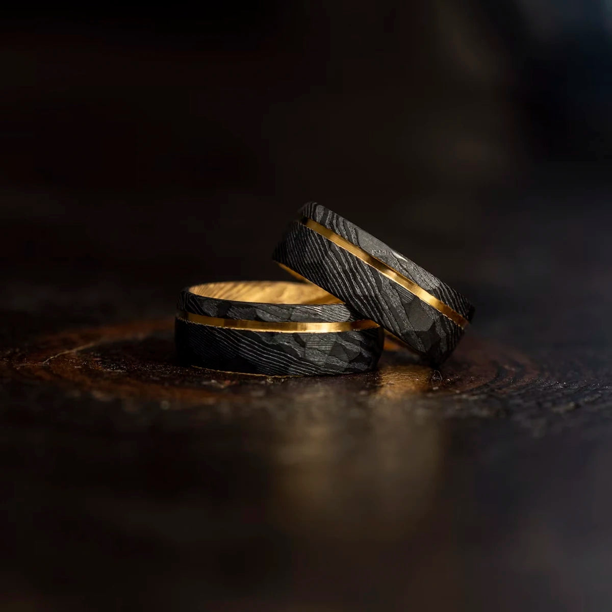 MGS Damascus Steel Ring 8mm Black With Gold-Plated Inner Layer Luxurious and Comfortable Ring