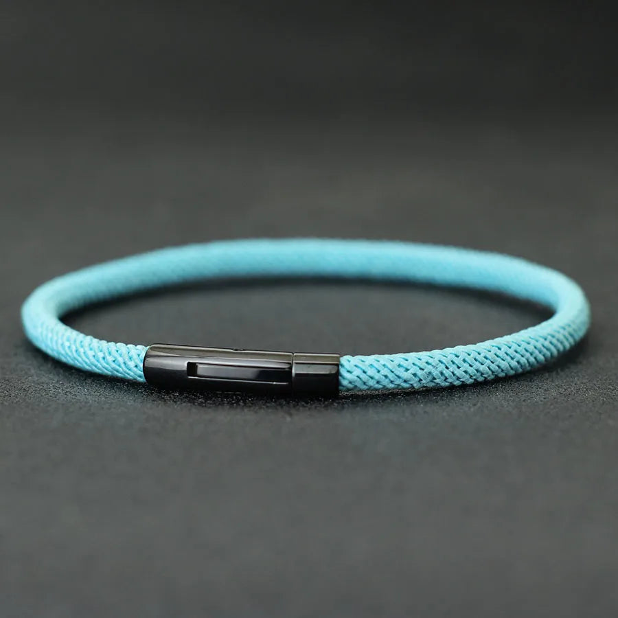 Minimalist Braided Fabric Bracelet with Secure Stainless Steel Snap Clasp Bangle, Custom Fit Light Blue Woven Lucky Protection Jewelry Gift