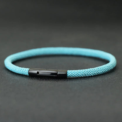 Minimalist Braided Fabric Bracelet with Secure Stainless Steel Snap Clasp Bangle, Custom Fit Light Blue Woven Lucky Protection Jewelry Gift