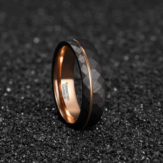 Elegance in Diversity: Black Tungsten Rings for Men and Women - Thin Rose Gold Groove, Hammered Wedding Bands in 4mm, 6mm, 8mm Widths, Comfort Fit, Sizes 5-14 - Man Gifts Shop