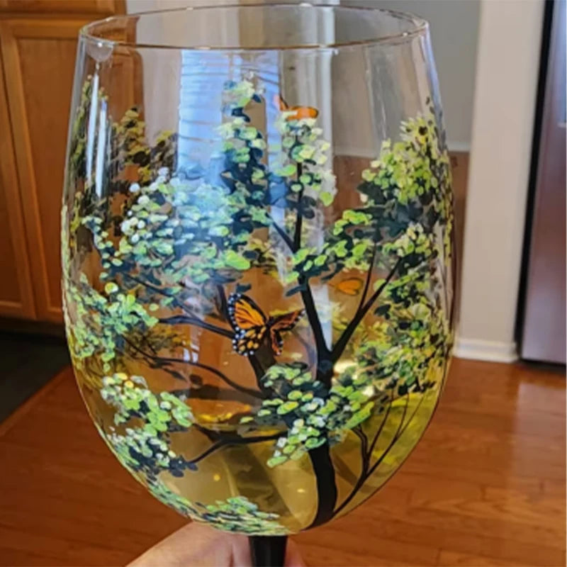 MGS Four Seasons Trees Printed High-Legged Wine Glasses - Stylish and Capacious Glass Cup Set for Wine, Beer, and Cocktails - Man Gifts Shop