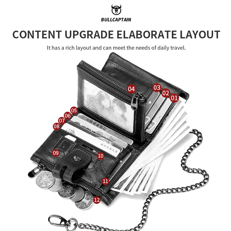 Original Bullcaptain Men’s Genuine Leather RFID Wallet with Chain and Travel-Ready Design